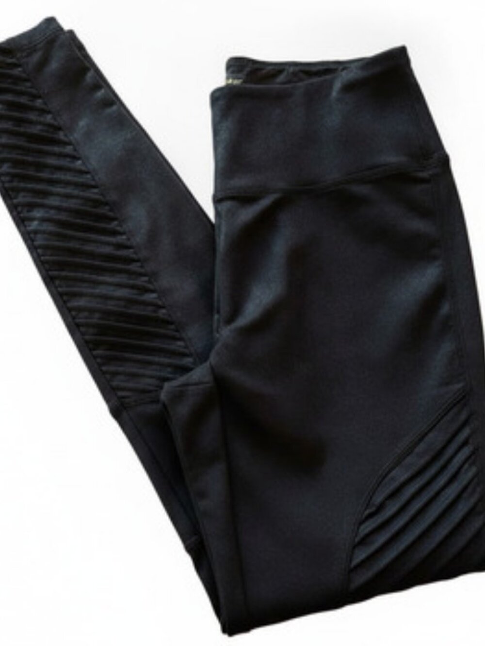 Shinestar Black Moto Women's Leggings High Waisted Ribbed Panel Full Length Sz M